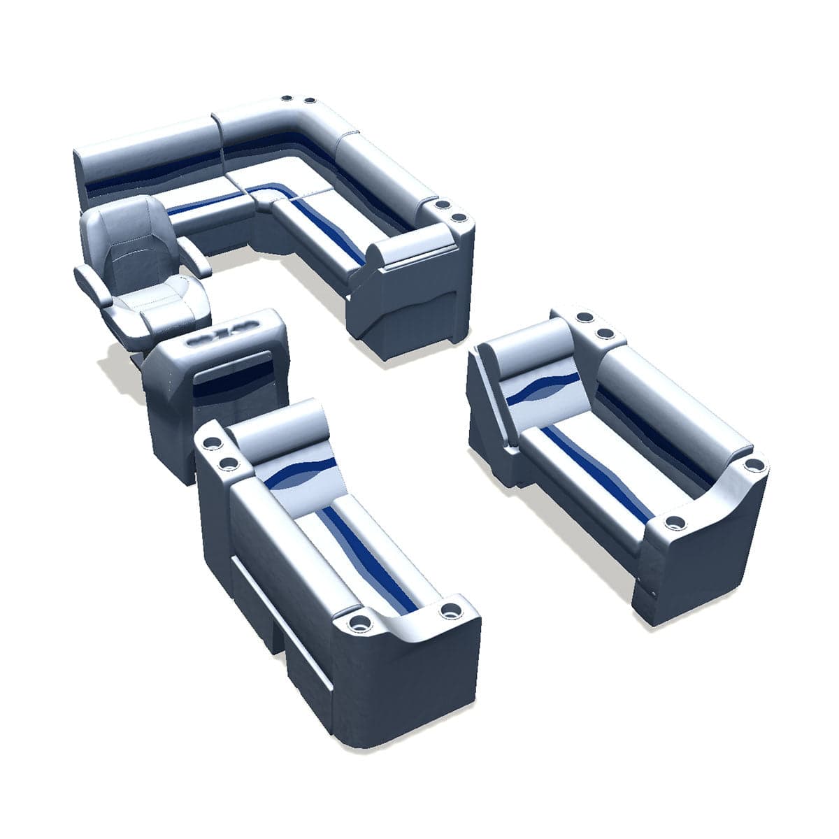 Stern entry pontoon seat package with cupholder  bow double bench and lean back seats #color_white, blue & light blue