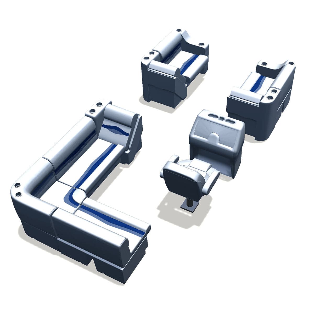 Stern entry pontoon seat package with cupholder bow double bench with lean back seats back #color_white, blue & light blue