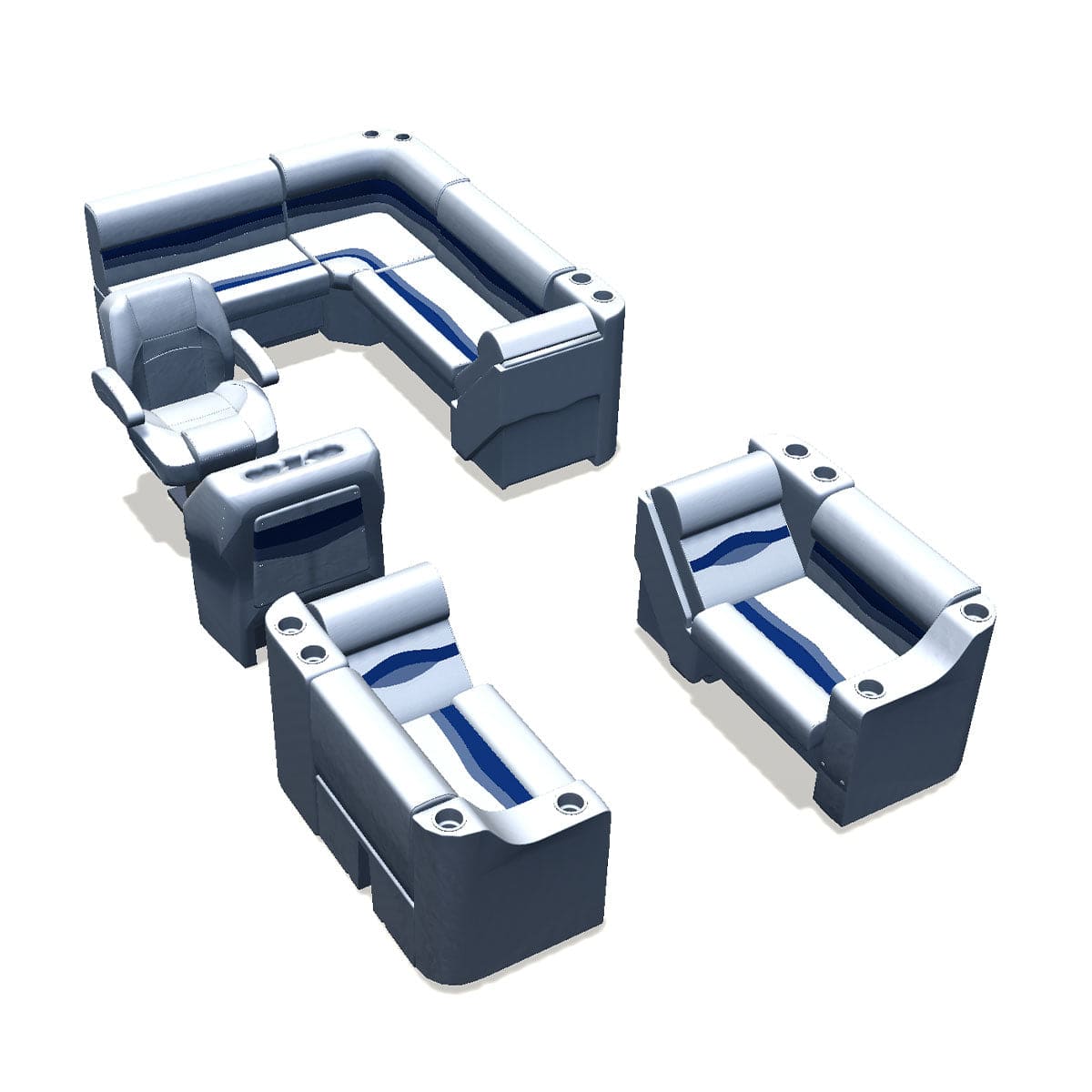 Stern entry pontoon seat package with cupholder bow double bench with lean back seats #color_white, blue & light blue