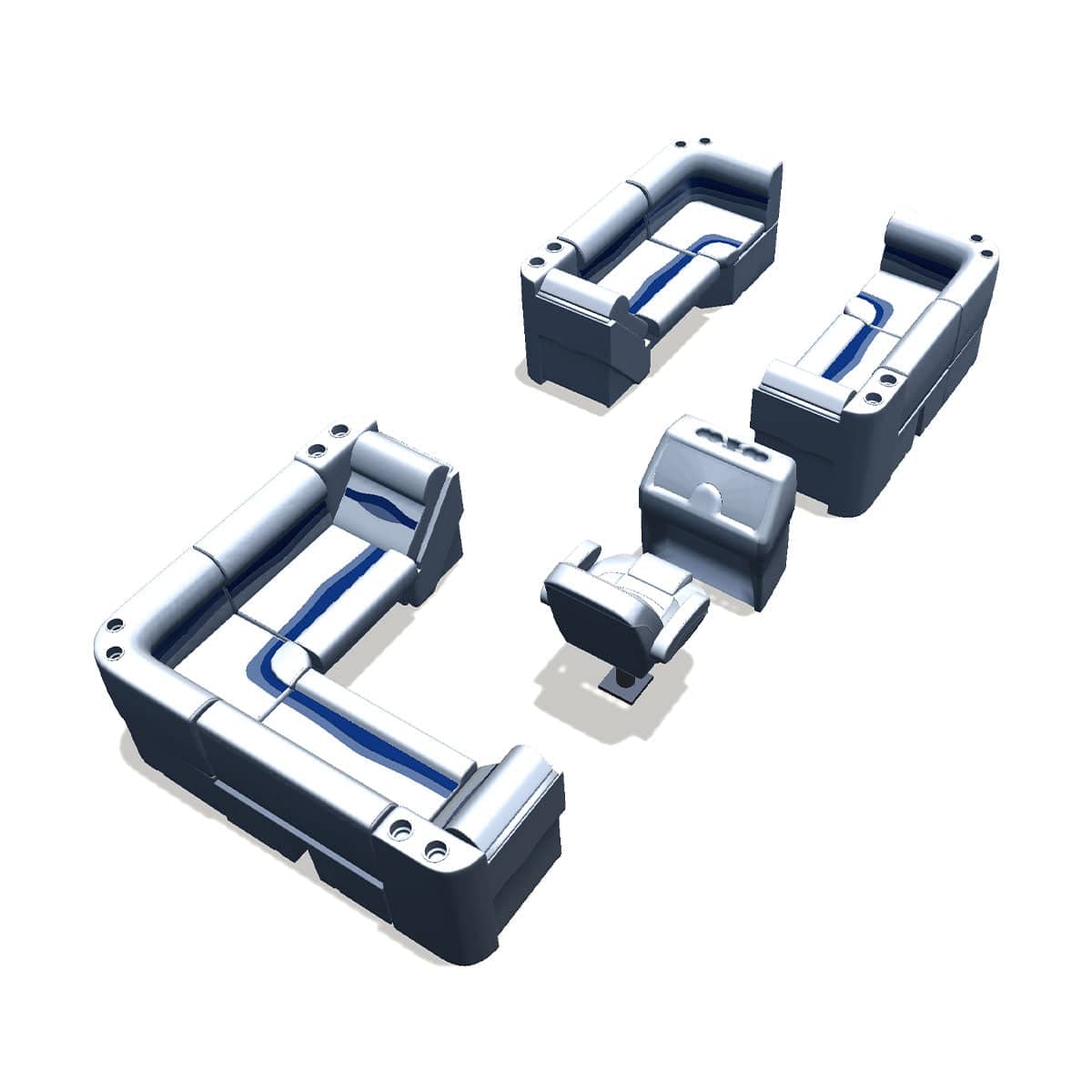 Side entry aft L-bench pontoon seat package with lean back bow double bench and corner seats back #color_white, blue & light blue