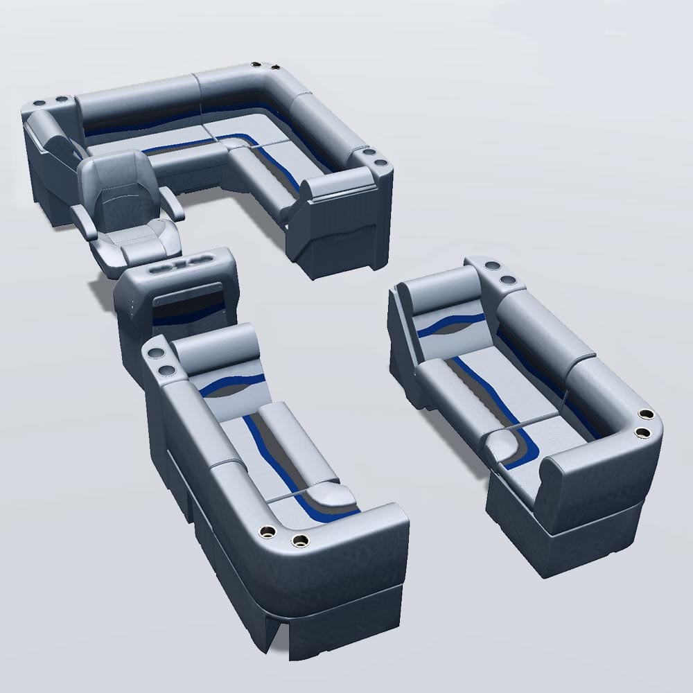 Side entry aft L-bench pontoon seat package with lean back bow double bench and corner seats #color_gray, blue & charcoal