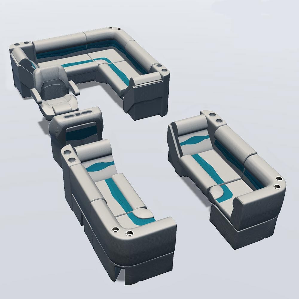 Side entry aft L-bench pontoon seat package with lean back bow double bench and corner seats #color_ivory & teal
