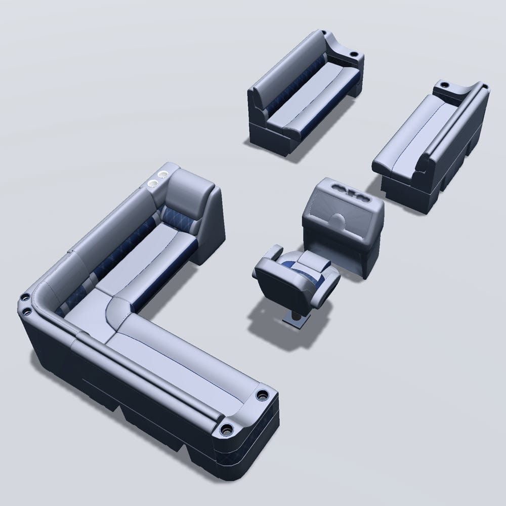 Side entry aft L-bench pontoon seat package with cupholder double bow bench and lean back seats back #color_navy & gray