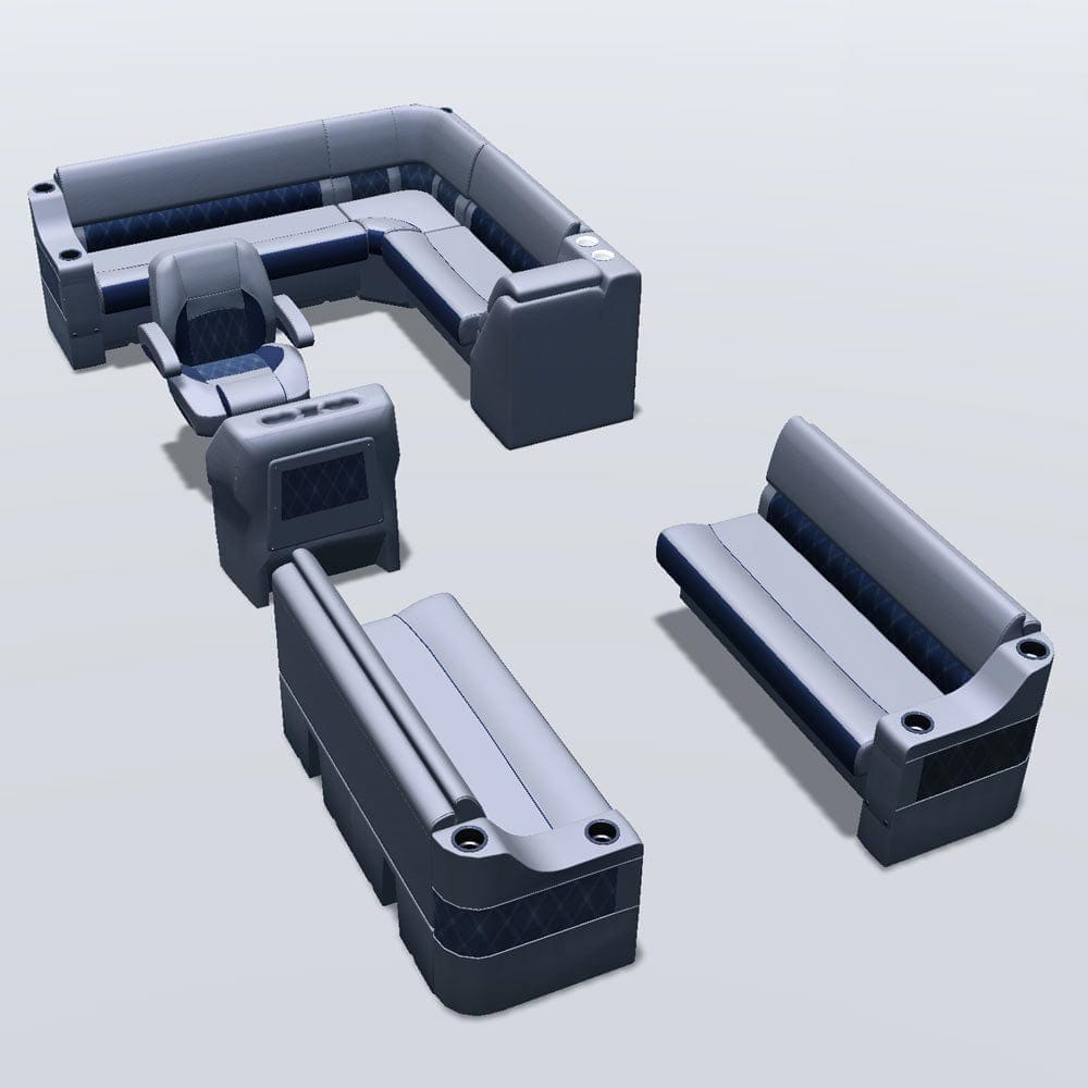 Side entry aft L-bench pontoon seat package with cupholder double bow bench and lean back seats #color_navy & gray