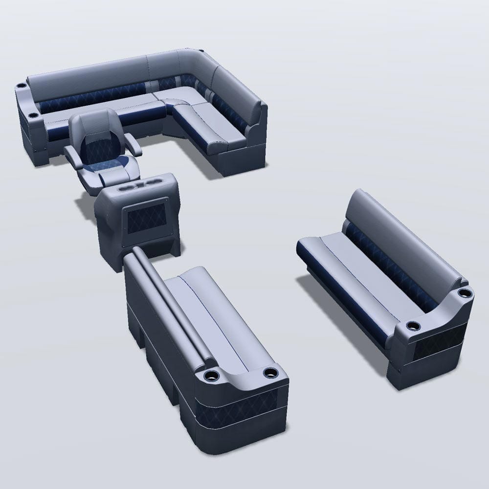 Side entry aft L-bench pontoon seat package with cupholder bow double bench seats #color_navy & gray