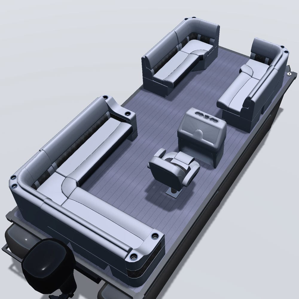 Side entry aft L-bench pontoon seat package with bow double bench and corner seats back 