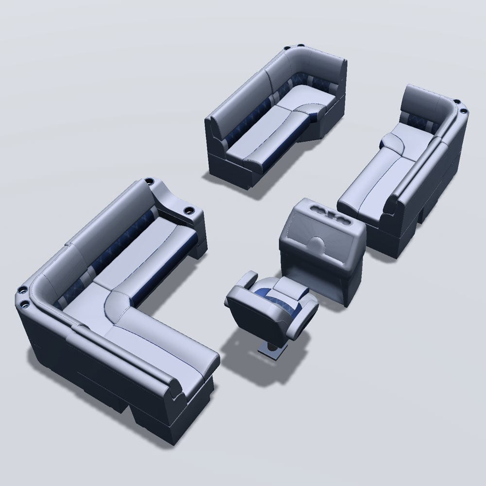 Stern entry pontoon seat package with bow double bench and corner seats back #color_navy & gray