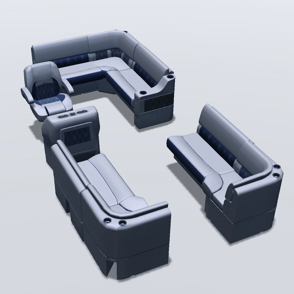 Stern entry pontoon seat package with bow double bench and corner seats #color_navy & gray