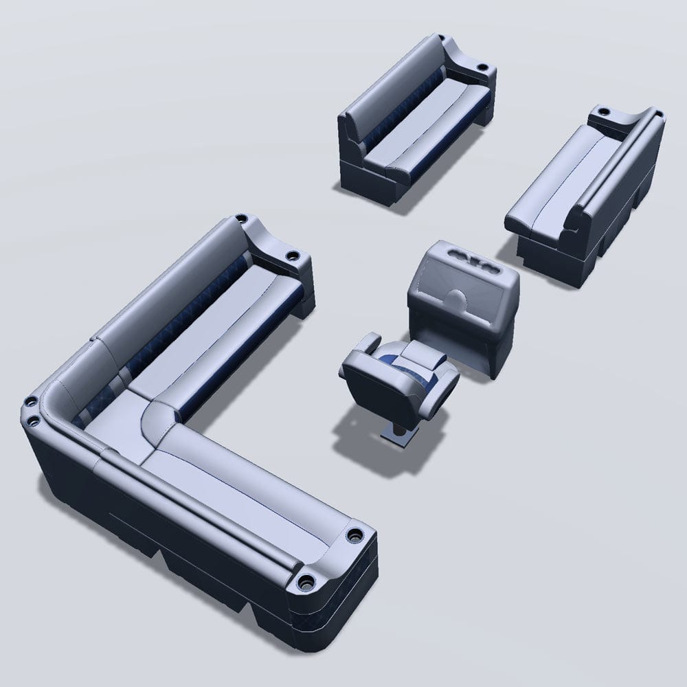 Side entry aft L-bench pontoon seat package with cupholder double bow bench seats back #color_navy & gray