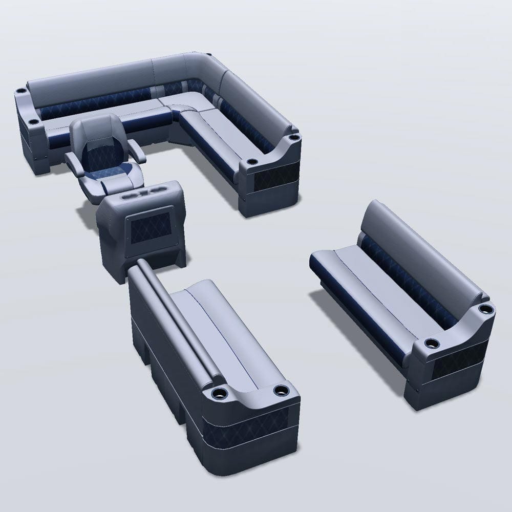 Side entry aft L-bench pontoon seat package with cupholder double bow bench seats #color_navy & gray