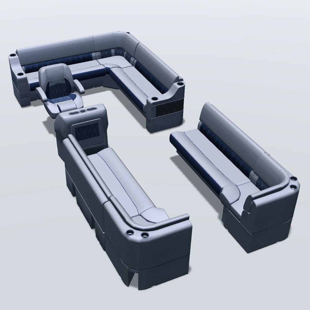 Side entry aft L-bench pontoon seat package with bow double bench and corner seats #color_navy & gray