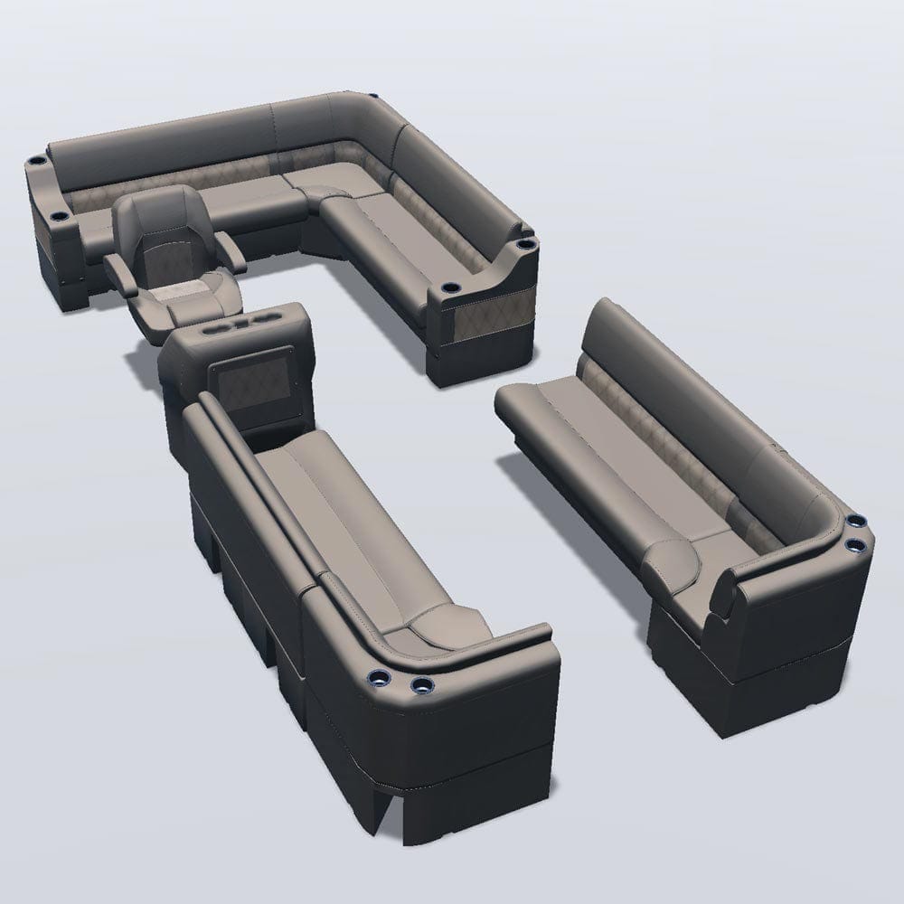Side entry aft L-bench pontoon seat package with bow double bench and corner seats #color_tan & beige