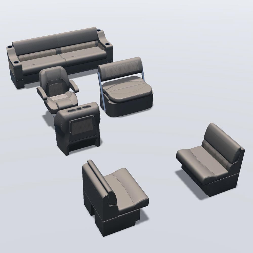 Side entry midship flip flop pontoon seat package with bow double bench seats #color_tan & beige