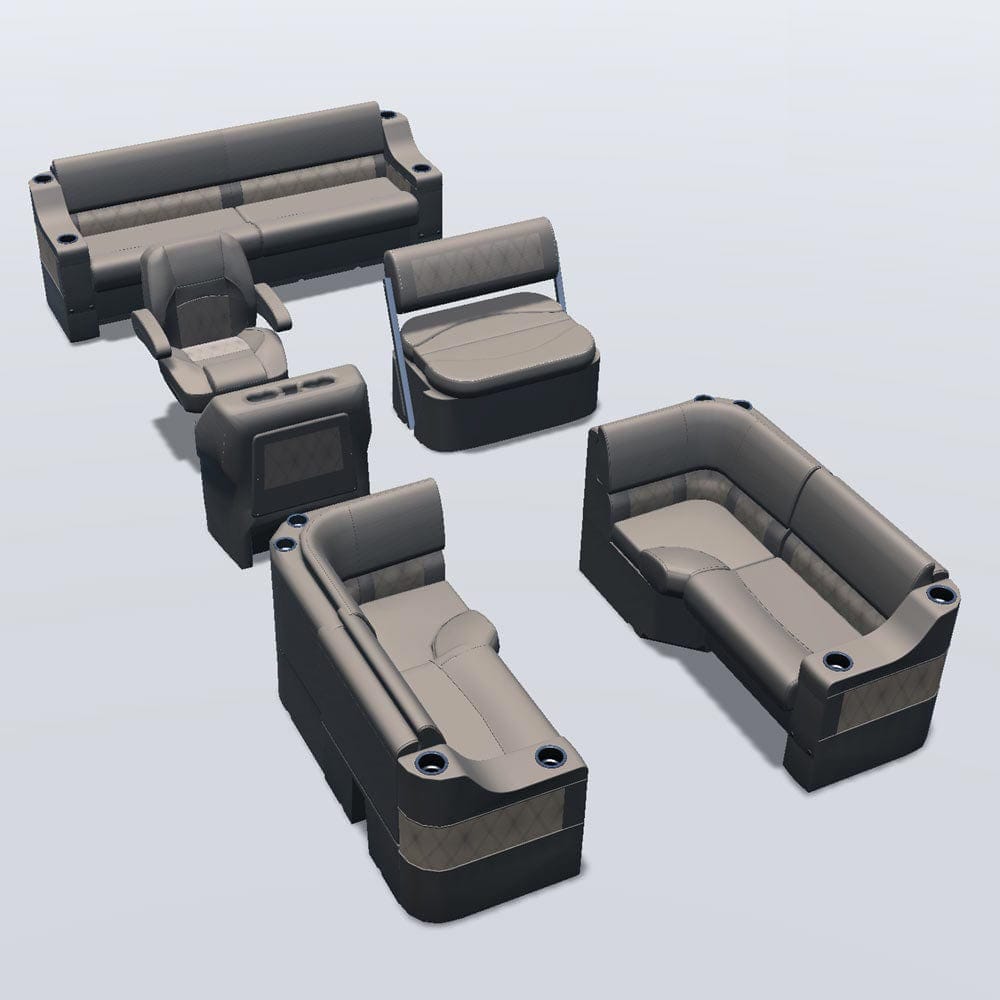 Side entry midship flip flop pontoon seat package with cupholder bow double bench and corner seats #color_tan & beige
