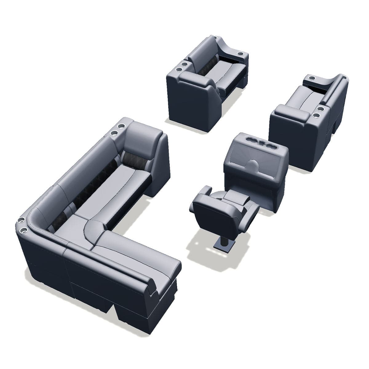 Stern entry pontoon seat package with cupholder bow double bench and lean back seats back #color_charcoal & gray