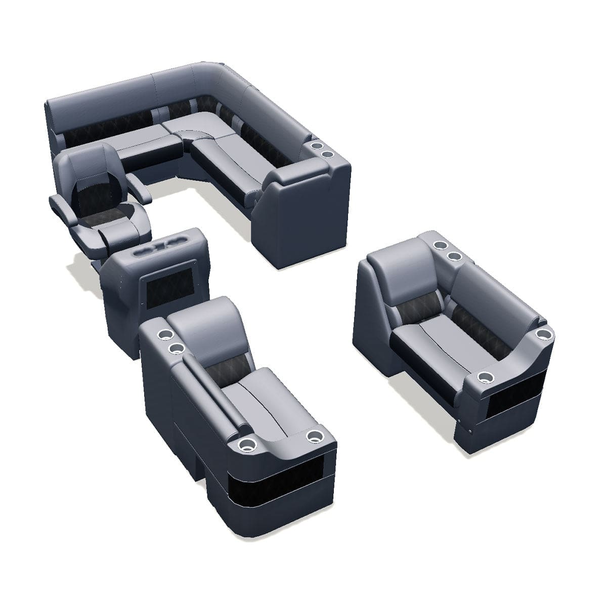 Stern entry pontoon seat package with cupholder bow double bench and lean back seats #color_charcoal & gray