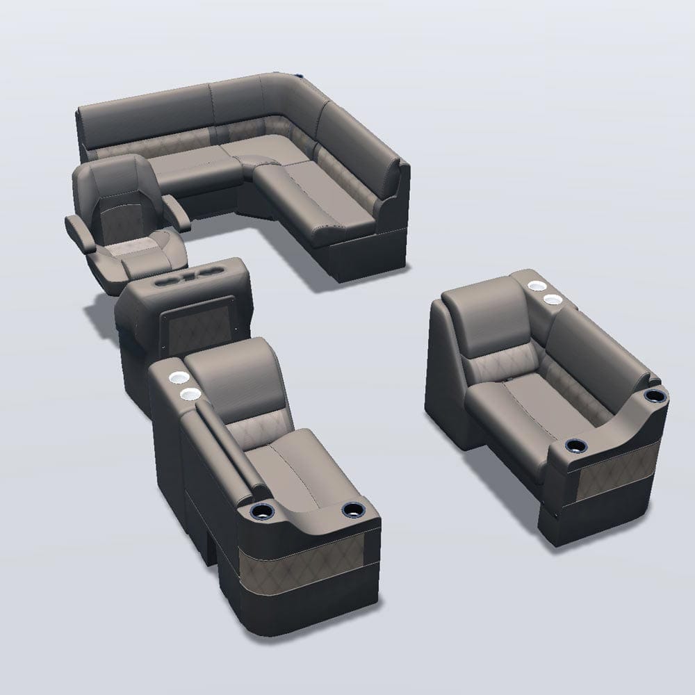 Stern entry pontoon seat package with cupholder bow double bench and lean back seats #color_tan & beige
