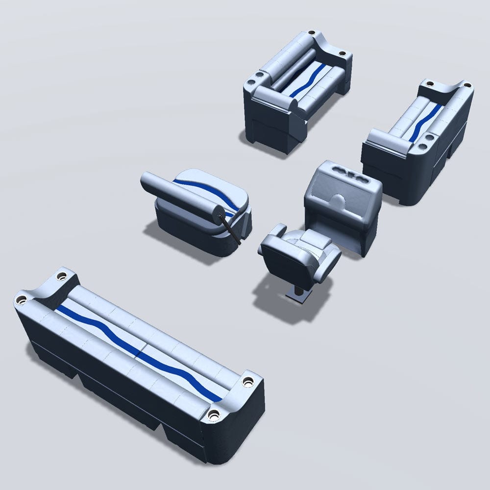 Side entry midship flip flop pontoon seat package with cupholder bow double bench and lean back seats back #color_gray, blue & charcoal