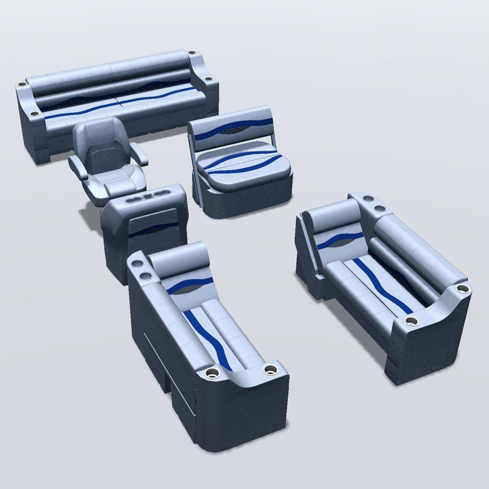 Side entry midship flip flop pontoon seat package with cupholder bow double bench and lean back seats #color_gray, blue & charcoal