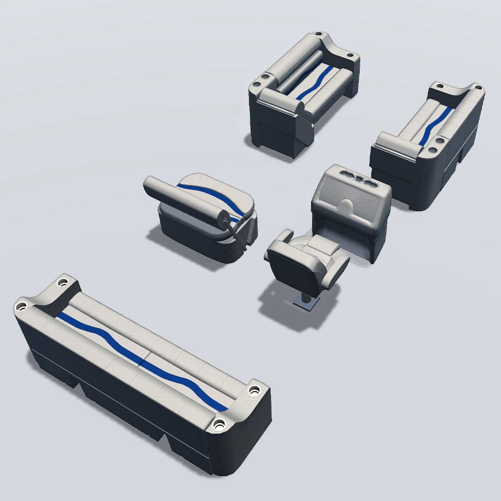 Side entry midship flip flop pontoon seat package with cupholder bow double bench and lean back seats back #color_ivory, blue & tan