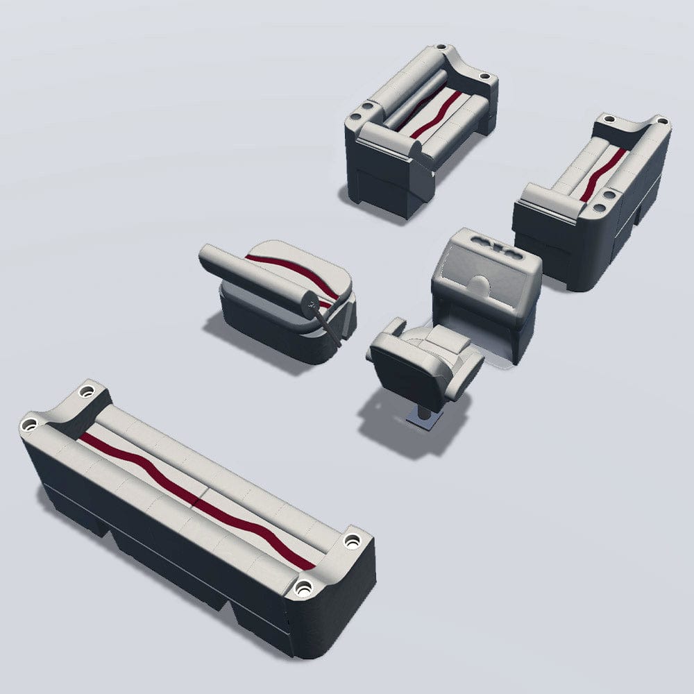 Side entry midship flip flop pontoon seat package with cupholder bow double bench and lean back seats back #color_ivory, burgundy & tan