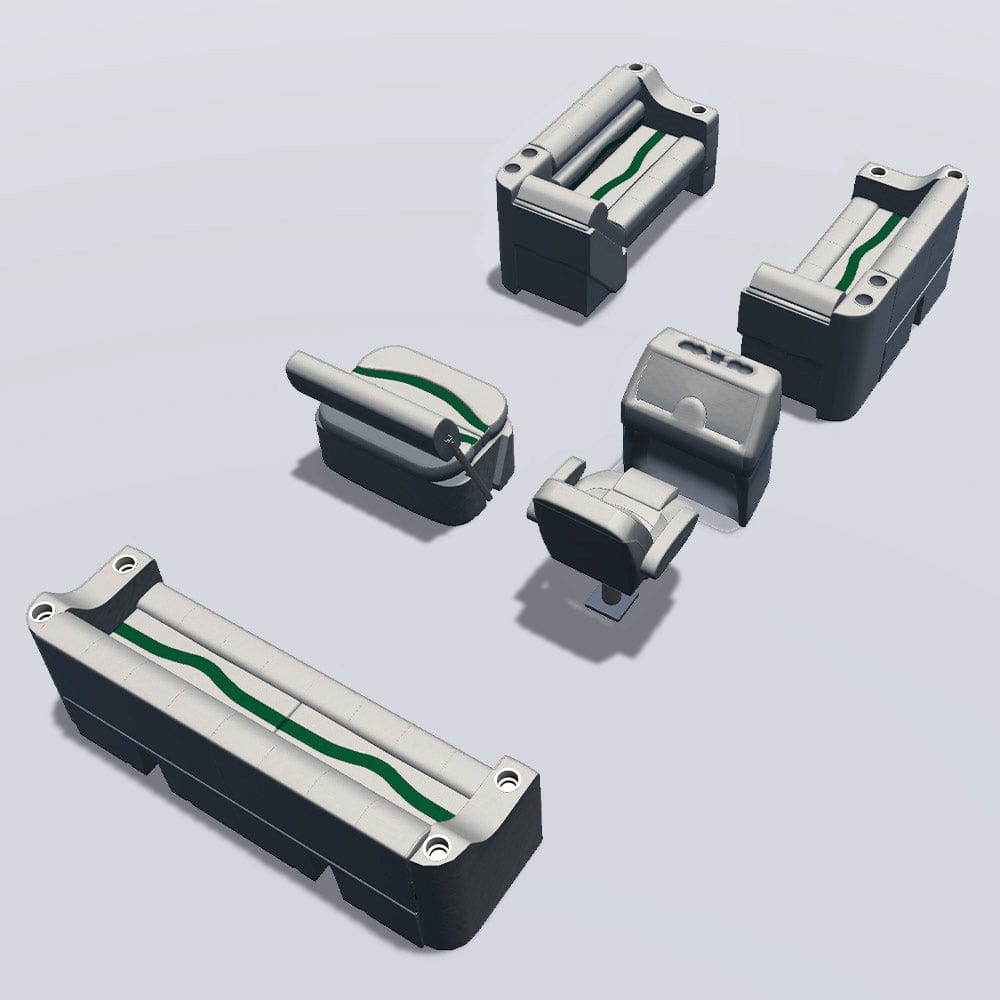 Side entry midship flip flop pontoon seat package with cupholder bow double bench and lean back seats back #color_ivory, green & tan