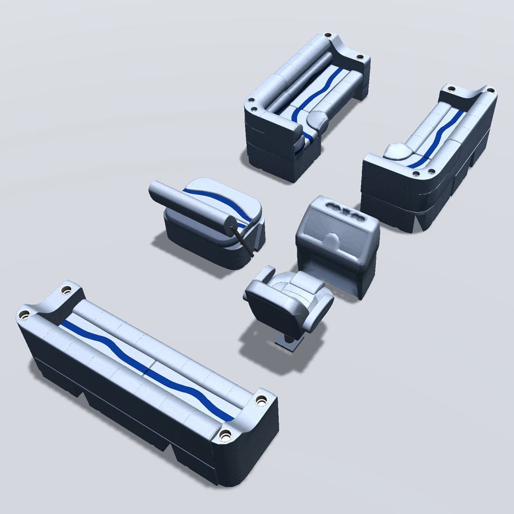 Side entry midship flip flop pontoon seat package with cupholder bow double bench and corner seats back #color_gray, blue & charcoal