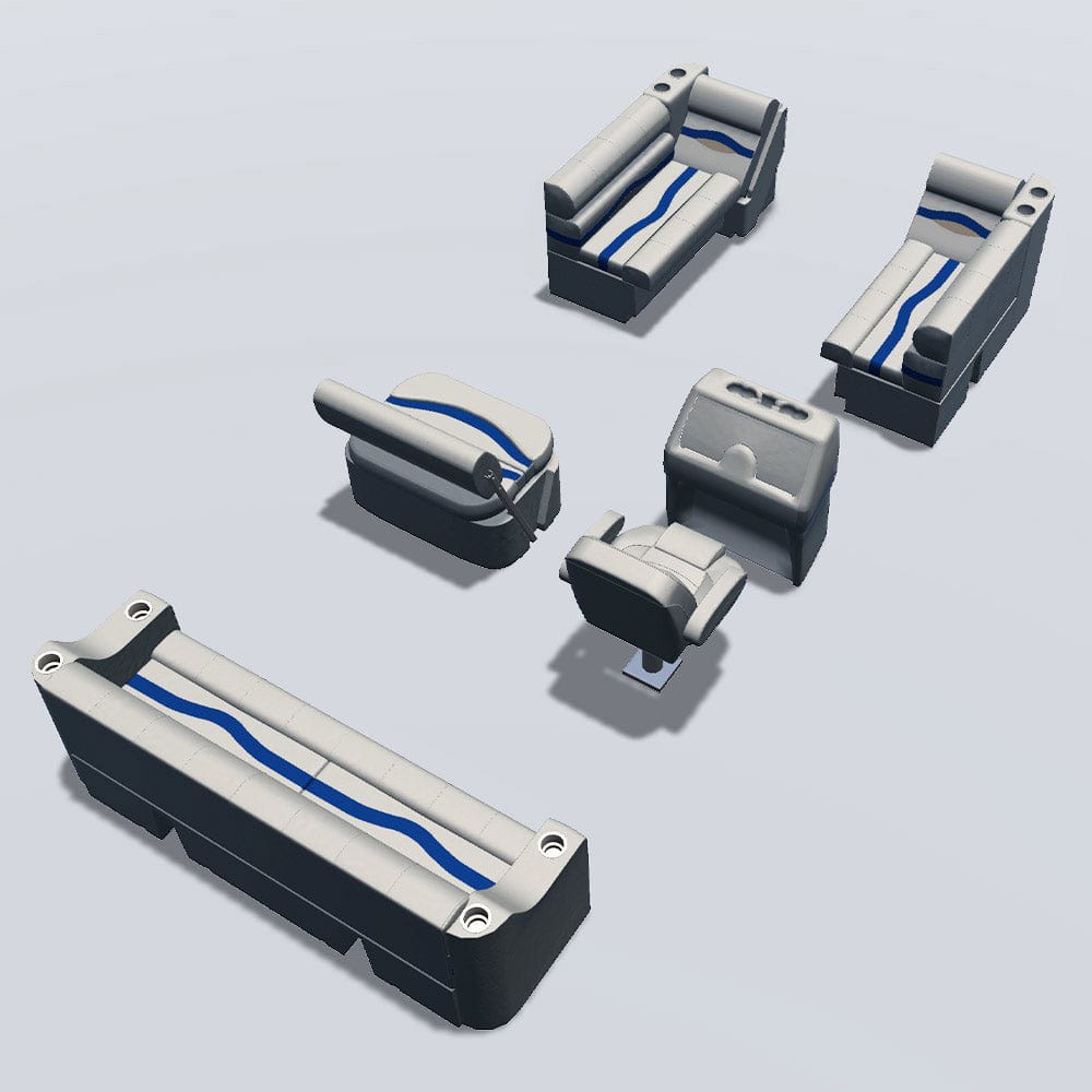 Side entry with midship flip flop pontoon seat package with bow double bench and lean back seats back #color_ivory, blue & tan