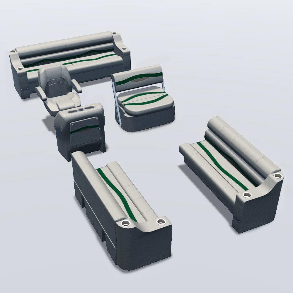 Side entry midship flip flop pontoon seat package with cupholder bow double bench seats #color_ivory, green & tan