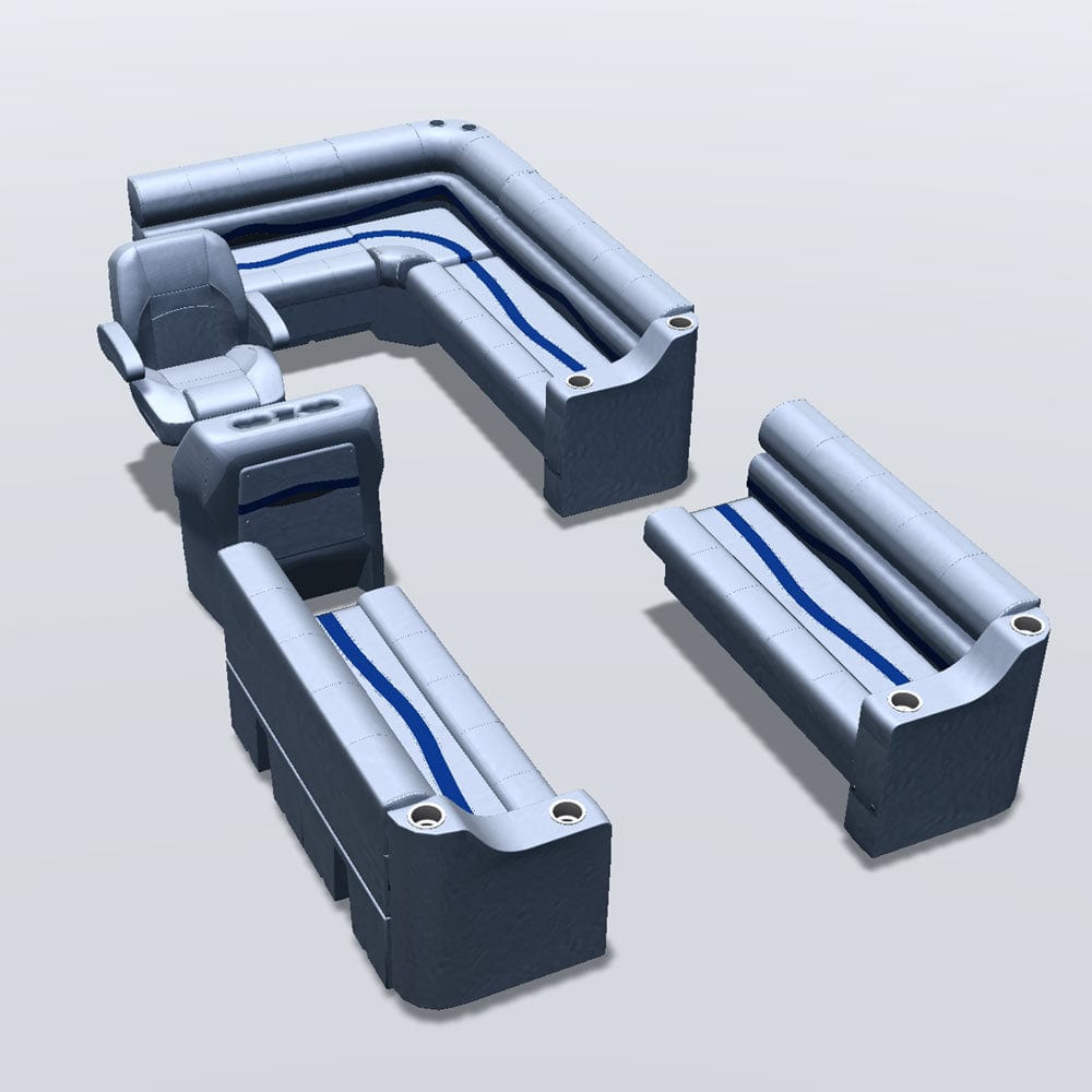 Stern entry pontoon seat package with cupholder bow double bench seats #color_gray, blue & charcoal