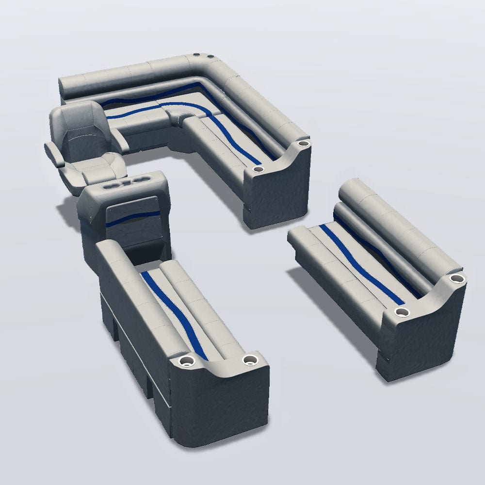 Stern entry pontoon seat package with cupholder bow double bench seats #color_ivory, blue & tan