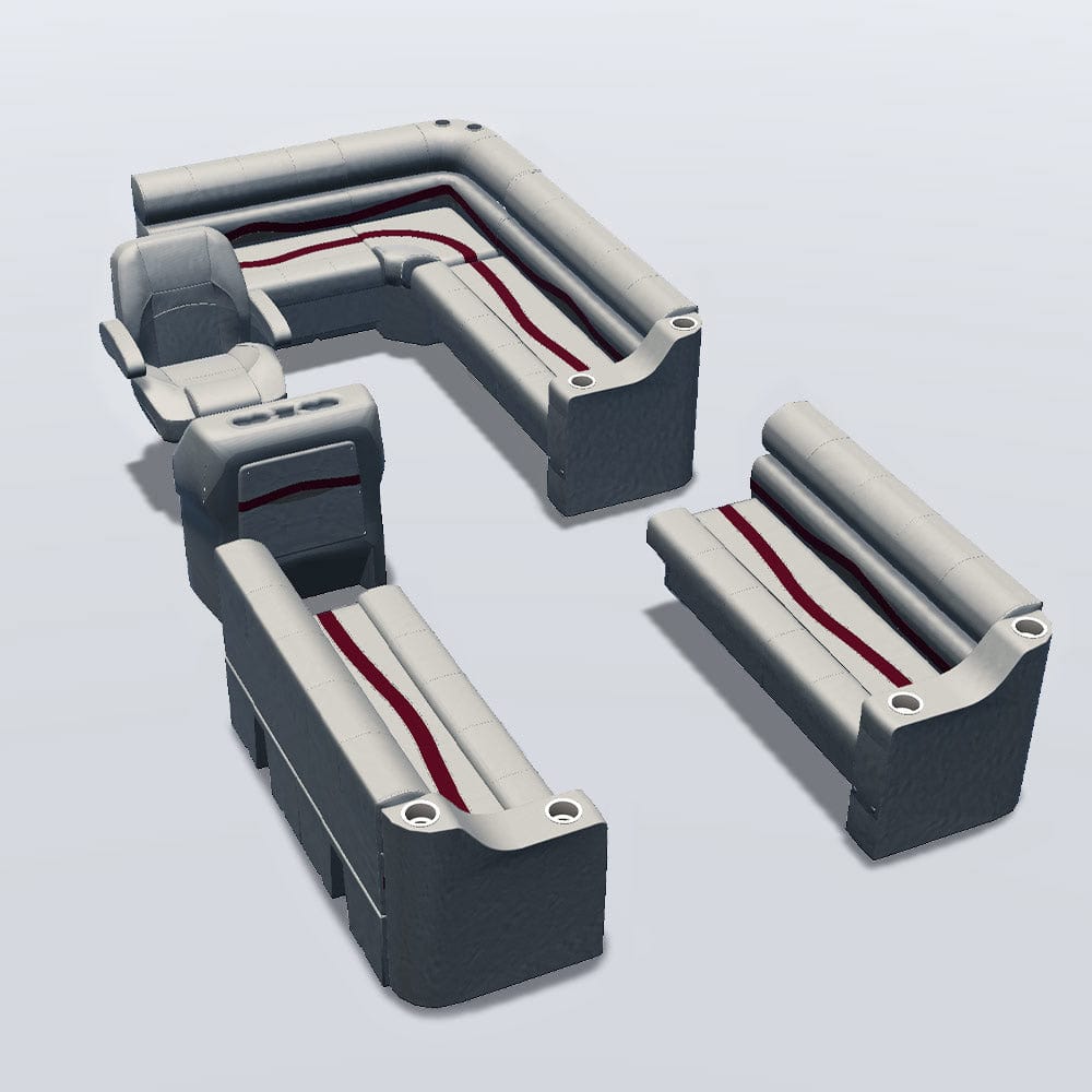 Stern entry pontoon seat package with cupholder bow double bench seats #color_ivory, burgundy & tan