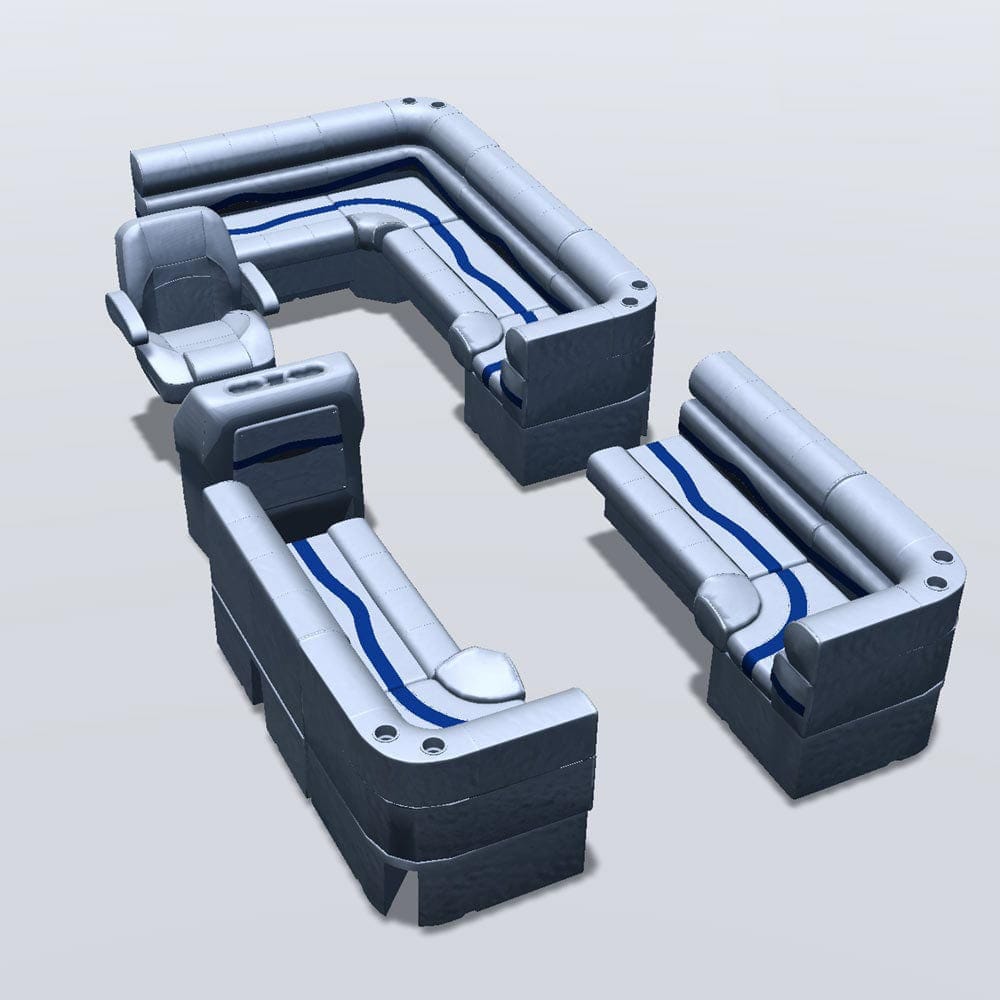 Stern entry pontoon seat package with bow double bench and corner seats #color_gray, blue & charcoal