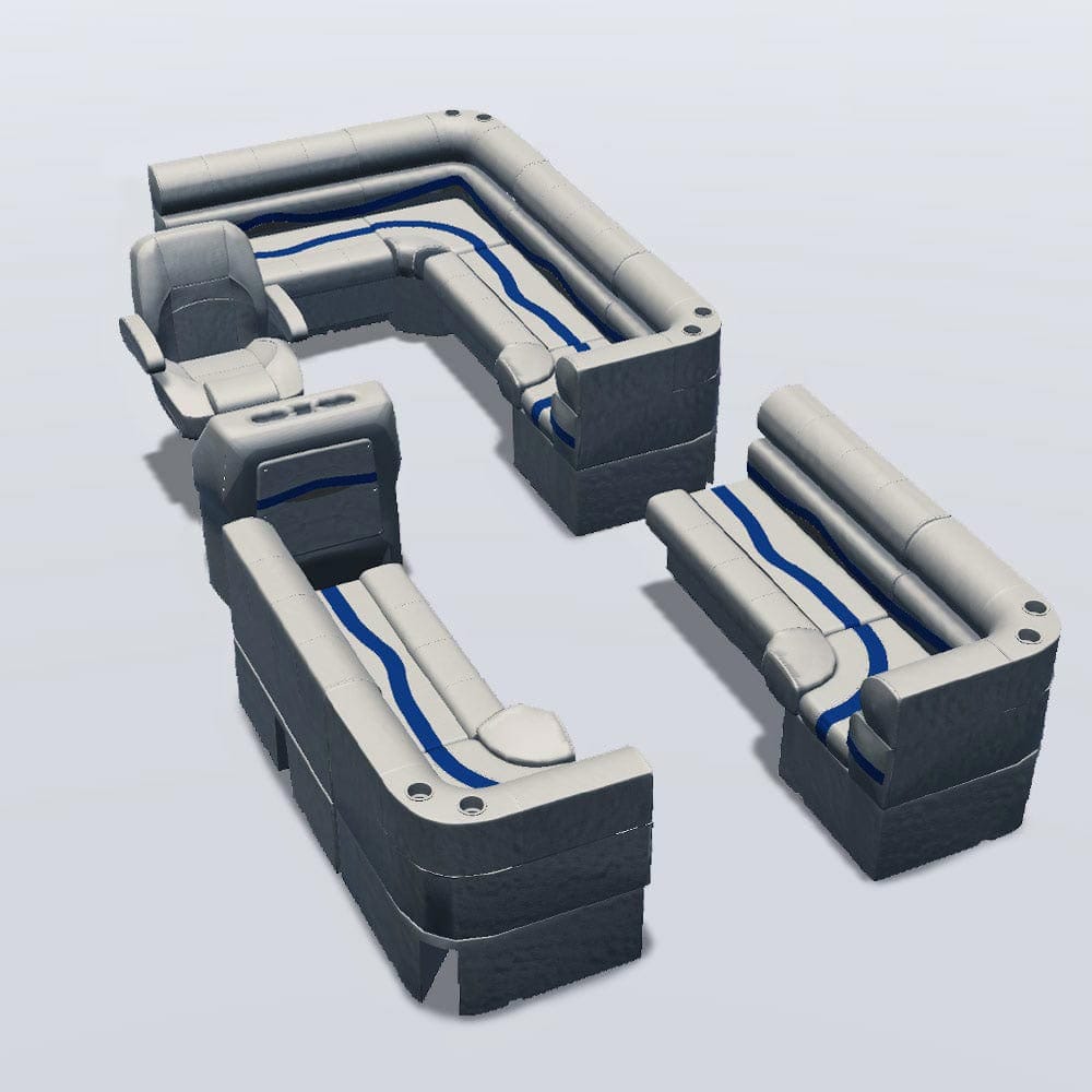 Stern entry pontoon seat package with bow double bench and corner seats #color_ivory, blue & tan