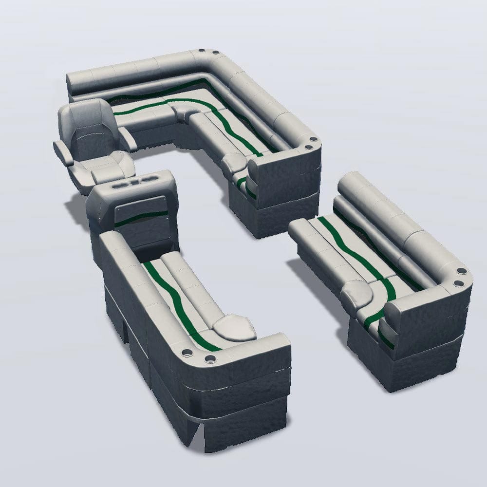 Stern entry pontoon seat package with bow double bench and corner seats back #color_ivory, green & tan