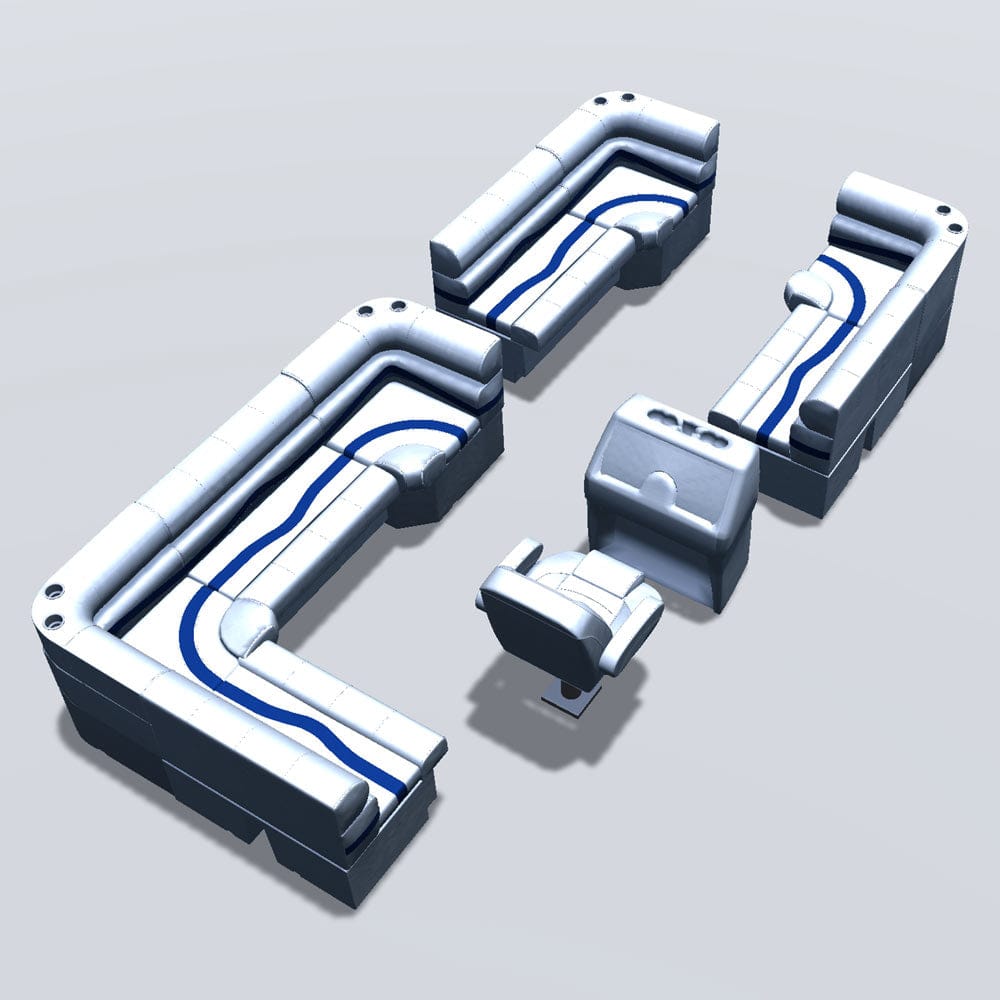 Stern entry pontoon seat package with bow double bench and corner seats back #color_white, blue & light blue