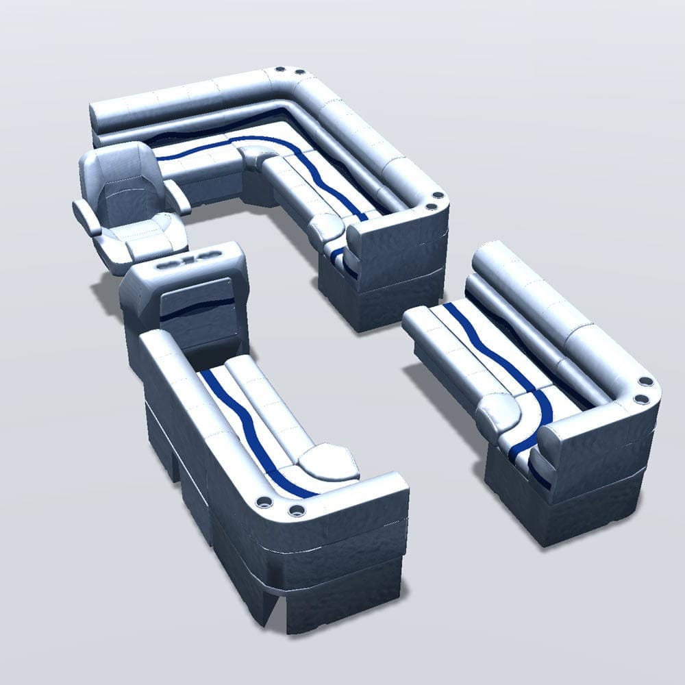 Stern entry pontoon seat package with bow double bench and corner seats #color_white, blue & light blue