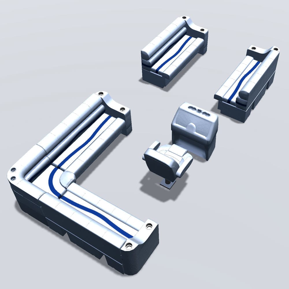 Side entry aft L-bench pontoon seat package with cupholder bow double bench seats back #color_white, blue & light blue