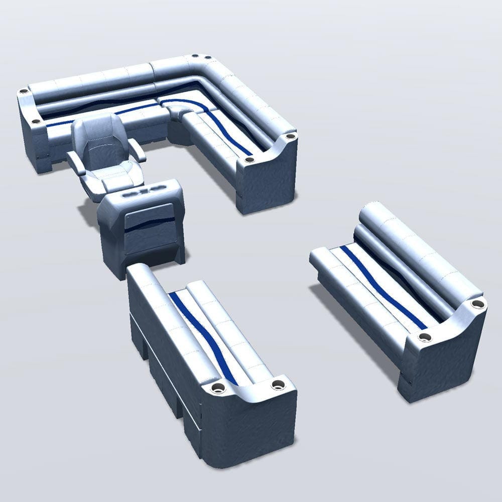 Side entry aft L-bench pontoon seat package with cupholder bow double bench seats #color_white, blue & light blue