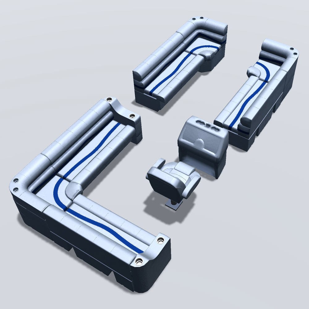 Side entry aft L-bench pontoon seat package with bow double bench and corner seats back #color_gray, blue & charcoal