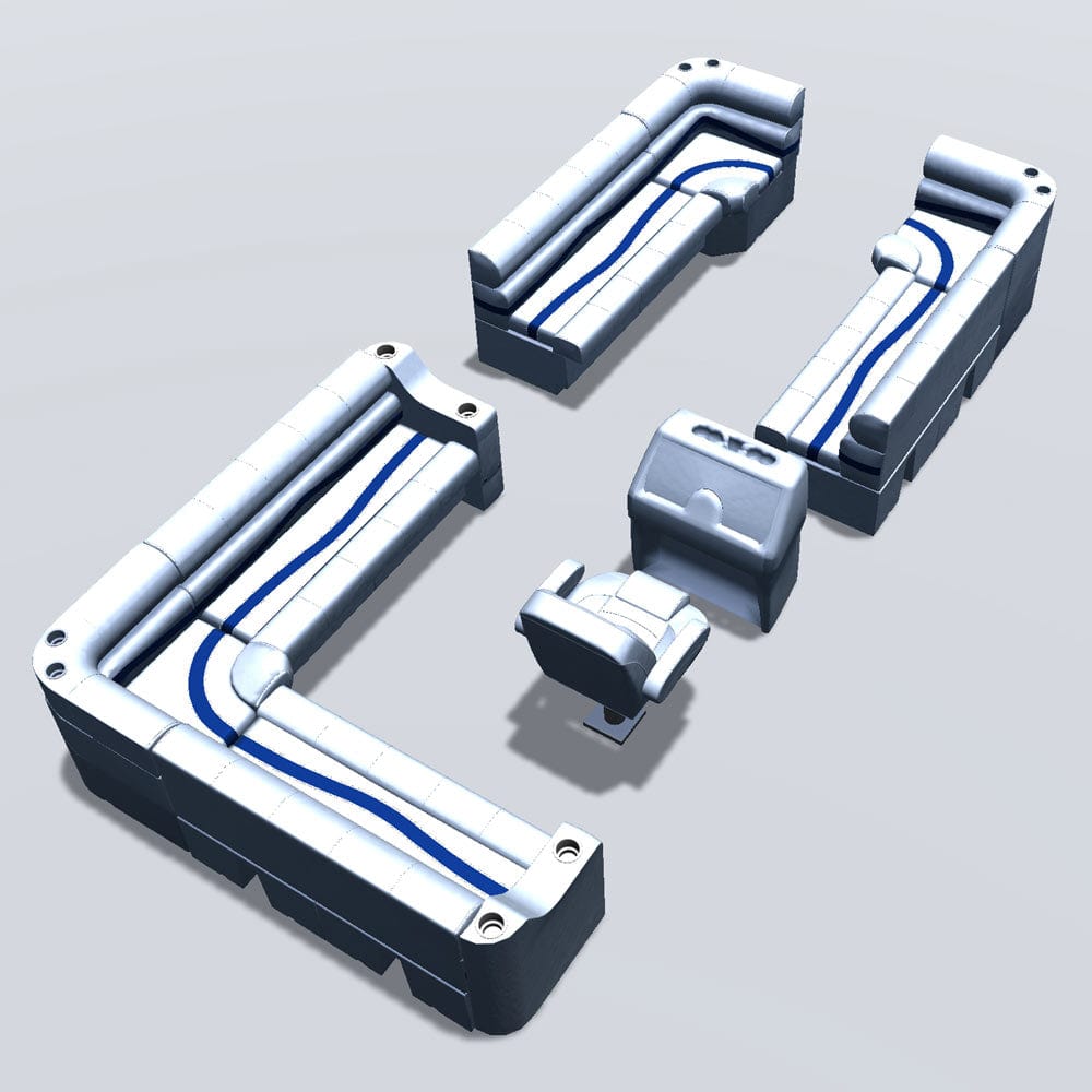 Side entry aft L-bench pontoon seat package with bow double bench and corner seats back #color_white, blue & light blue