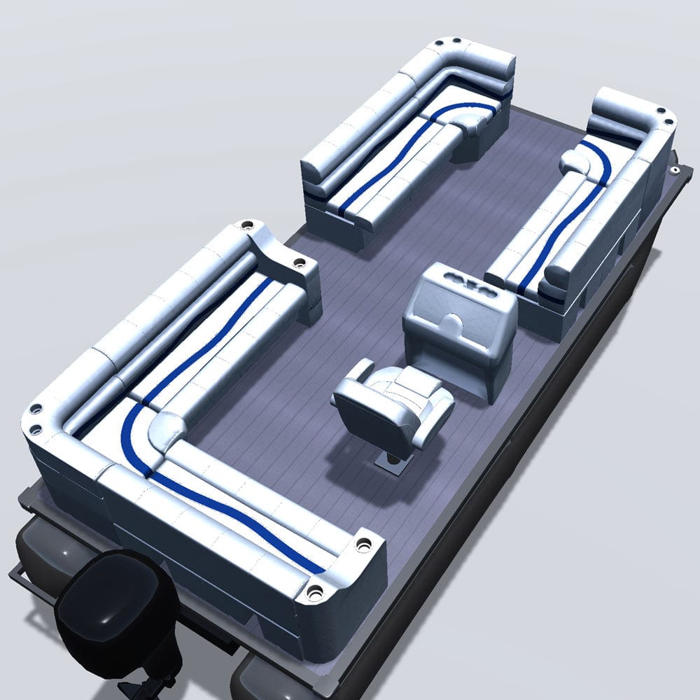 Side entry aft L-bench pontoon seat package with bow double bench and corner seats back 