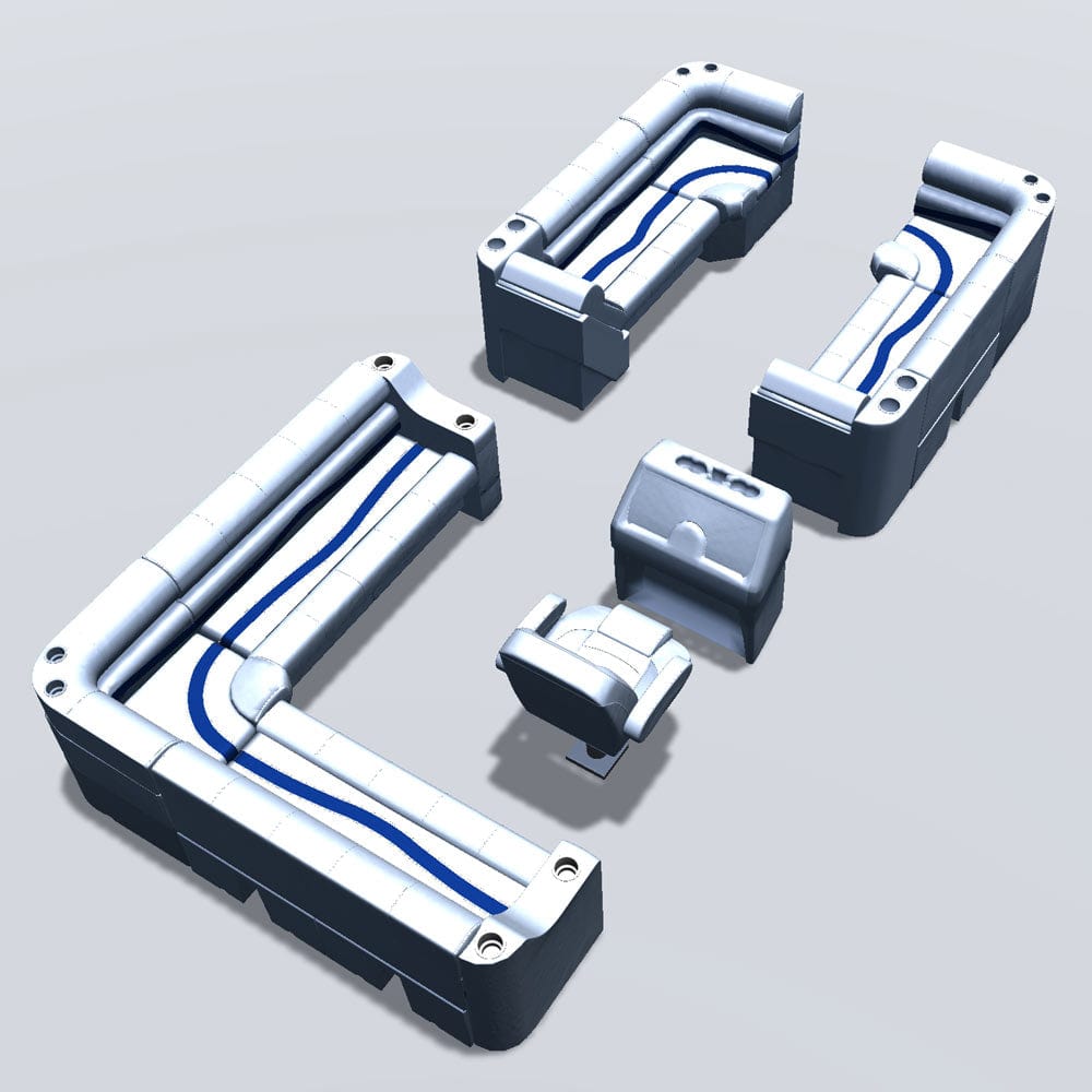 Side entry aft L-bench pontoon seat package with lean back bow double bench and corner seats back #color_white, blue & light blue