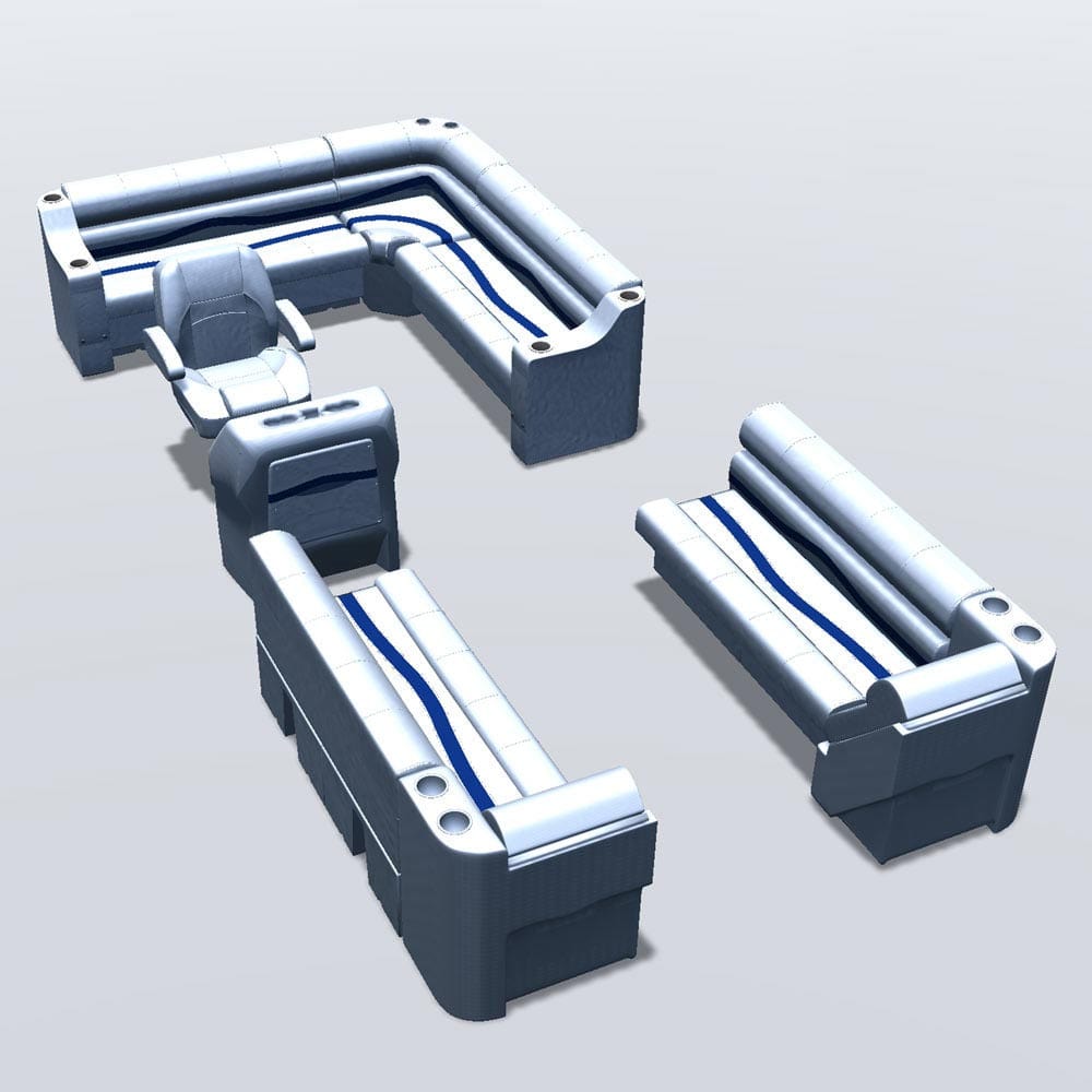Side entry aft L-bench pontoon seat package with bow double bench and inverse lean back seats #color_white, blue & light blue