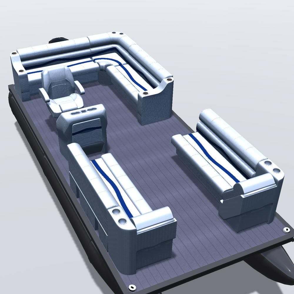 Side entry aft L-bench pontoon seat package with bow double bench and inverse lean back seats