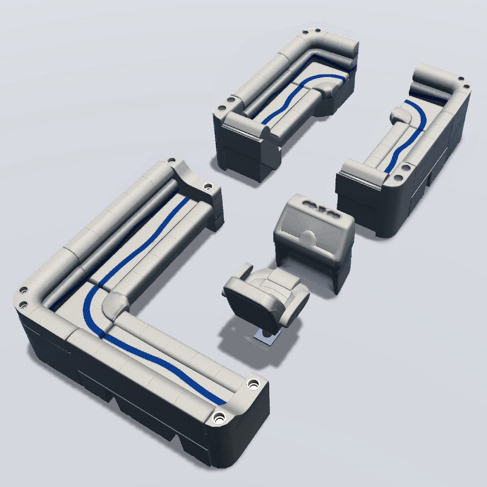 Side entry aft L-bench pontoon seat package with lean back bow double bench and corner seats back #color_ivory, blue & tan