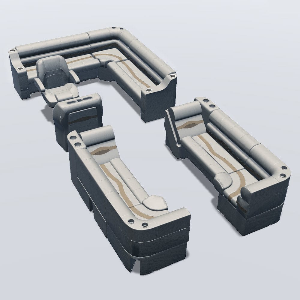 Side entry aft L-bench pontoon seat package with lean back bow double bench and corner seats #color_ivory, tan & beige