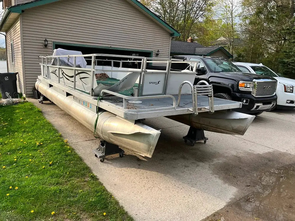 Pontoon boat on a trailer