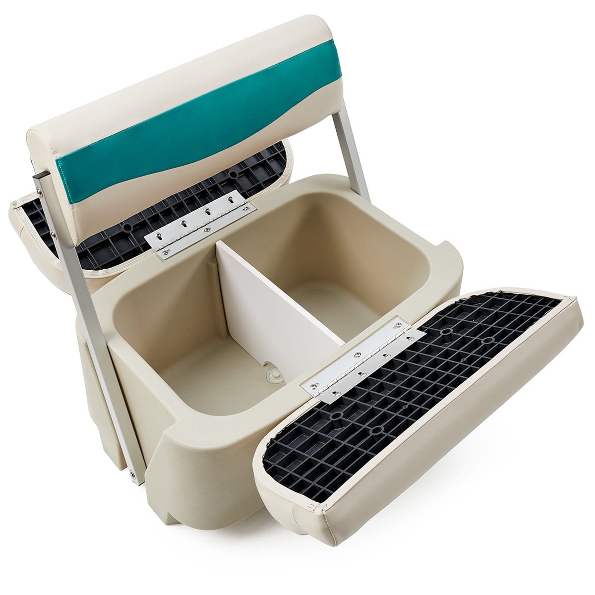 DeckMate Classic Pontoon Boat Flip Flop Seat opened #color_ivory & teal