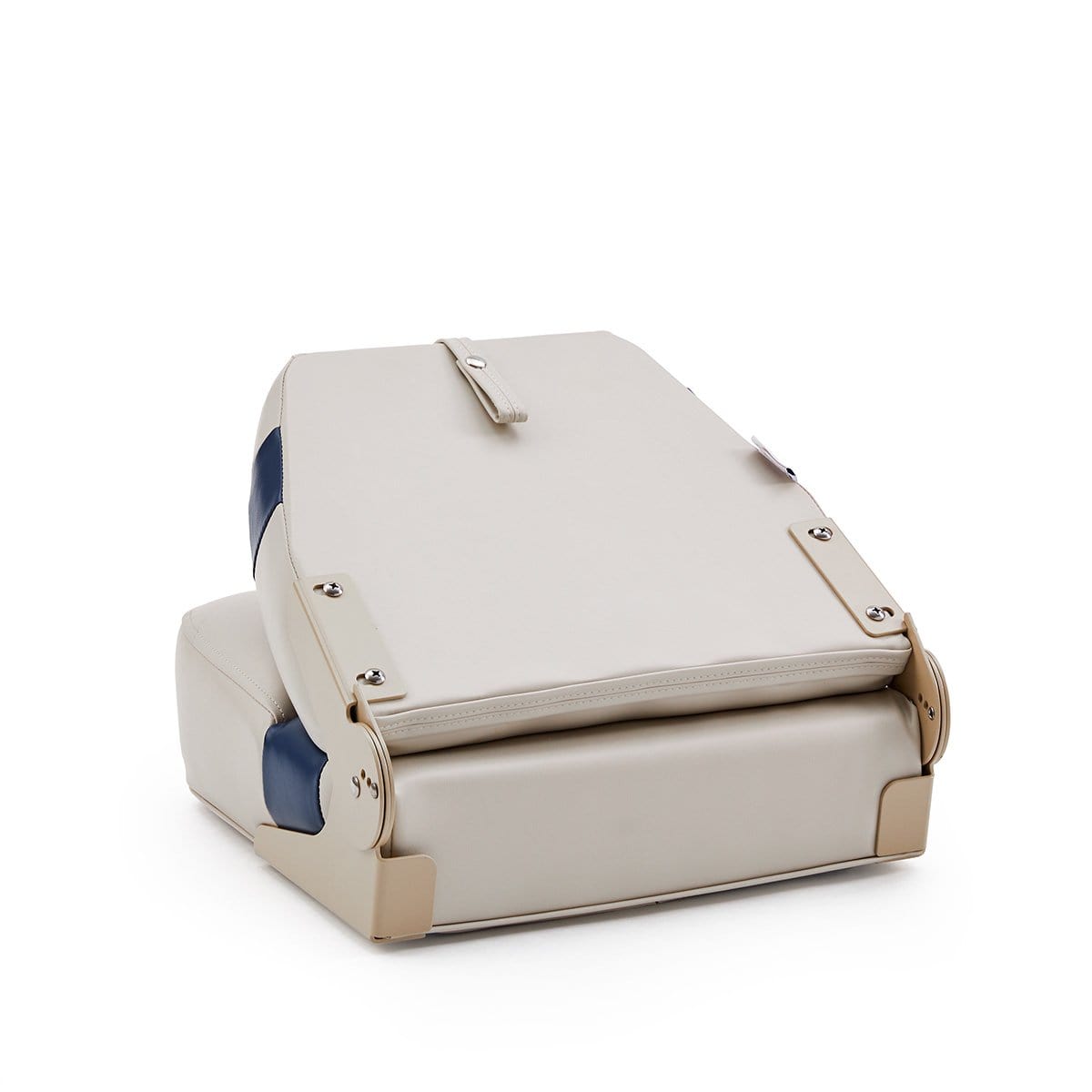 DeckMate Pontoon Boat Fishing Seat back closed #color_ivory & blue